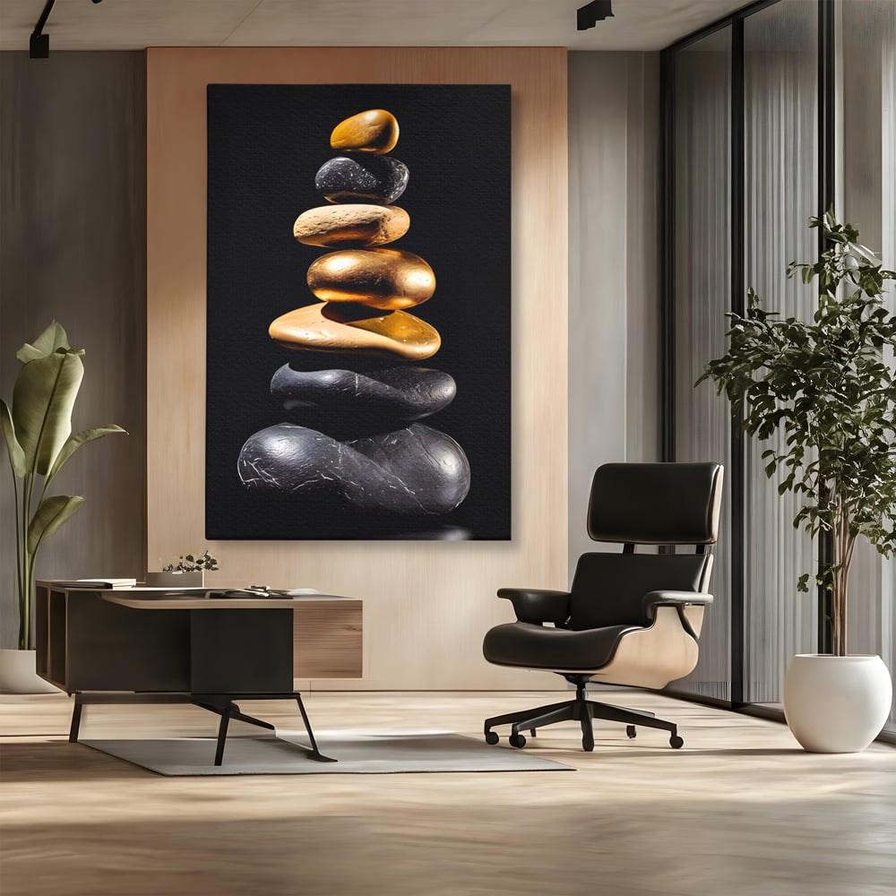 Tablou canvas cu turn vertical din pietre suprapuse, fara rama, pe sasiu de lemn, pe perete intr-un birou